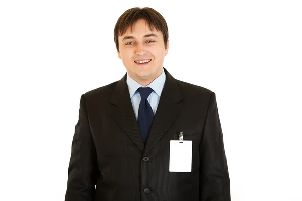 Elegante zakenman met lege identiteitskaart op zijn jas — Stockfoto