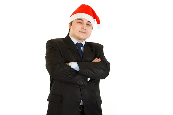 Zadowolony młody biznesmen w kapelusz Świętego Mikołaja. c Wesołych Świąt i szczęśliwego nowego roku — Zdjęcie stockowe