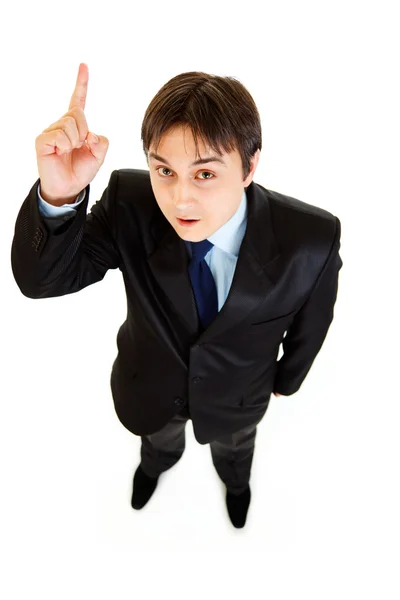Überraschten modernen Geschäftsmann mit erhobenem Zeigefinger. Geste der Idee — Stockfoto