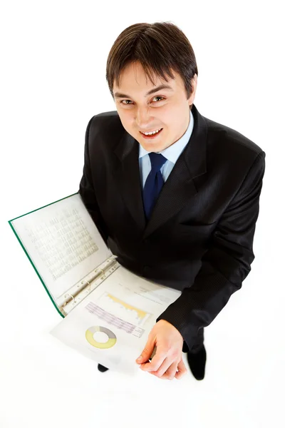 Uomo d'affari moderno sorridente con cartella in mano esplorare documento finanziario — Foto Stock