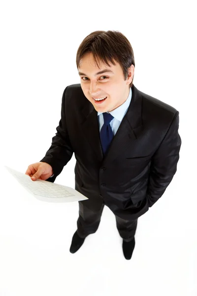 Sonriente hombre de negocios moderno con documento financiero en la mano —  Fotos de Stock