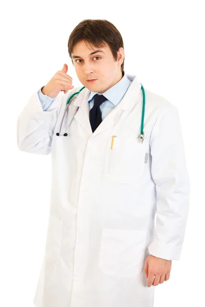 Autoritário médico mostrando contato me gesto — Fotografia de Stock