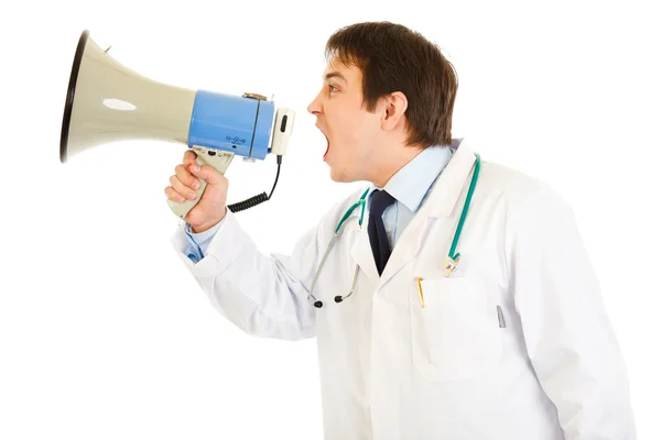 stock image Frustrated medical doctor yelling through megaphone