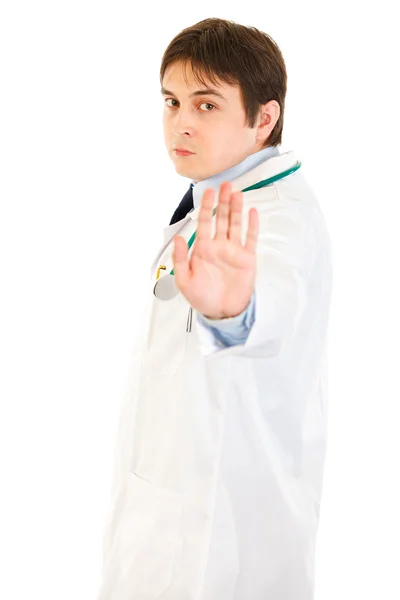 Autoritärer Arzt zeigt Stopp-Geste — Stockfoto