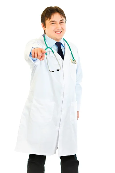 Smiling medical doctor pointing finger at you — Stock Photo, Image
