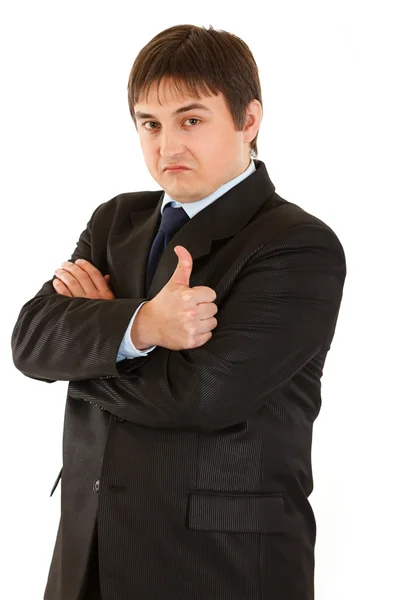 Joven hombre de negocios confiado mostrando gesto de pulgar hacia arriba. Concepto - confianza — Foto de Stock
