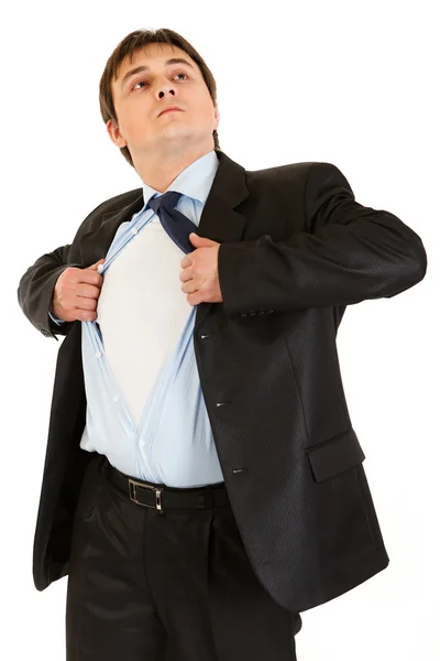 Businessman superman tearing his shirt - add your text — Stock Photo, Image