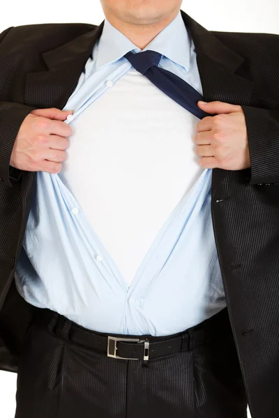 Businessman superman tearing his shirt - add your text. Close-up. — Stock Photo, Image