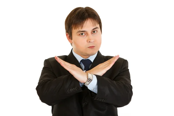 Vertrouwen zakenman met gekruiste armen. verboden gebaar — Stockfoto