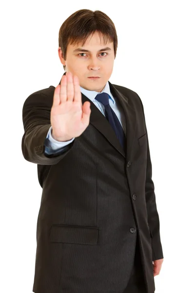 Confiado hombre de negocios moderno mostrando gesto de stop —  Fotos de Stock