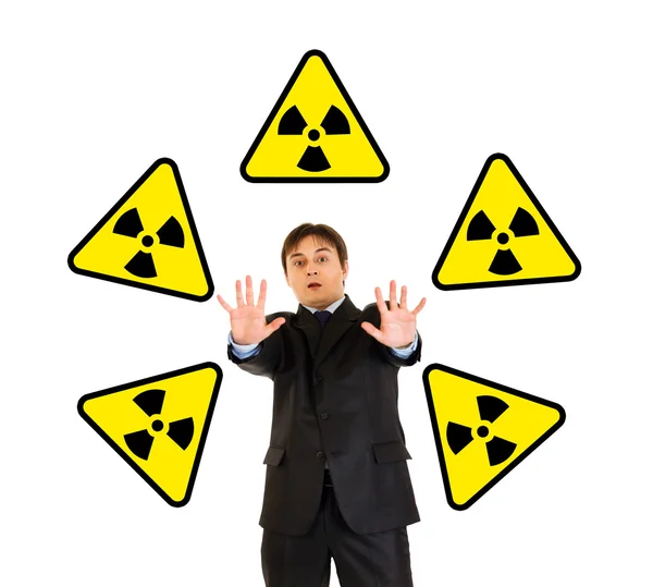 Perigo de radiação. Retrato de jovem empresário assustado — Fotografia de Stock