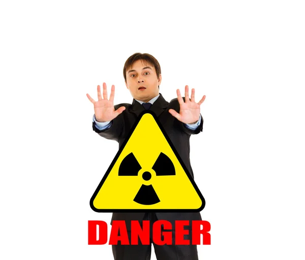 ¡Peligro a la radiación! Retrato de un joven empresario asustado —  Fotos de Stock