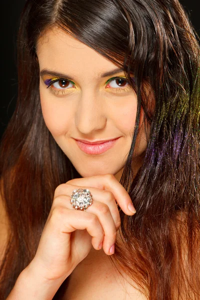 Portrait of lovely girl with ring on hand — Stock Photo, Image