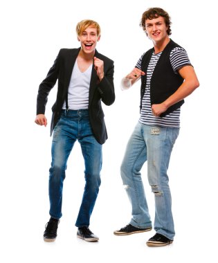 iki modern genç adam beyaz arka plan üzerinde dans