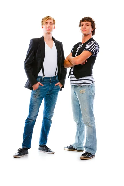 Dois adolescentes modernos posando no fundo branco — Fotografia de Stock