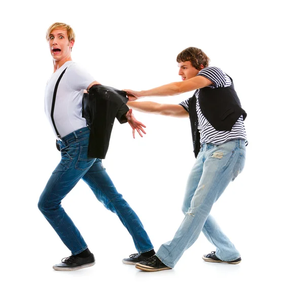 Dos chicos adolescentes divirtiéndose. Aislado sobre blanco — Foto de Stock
