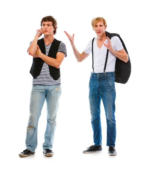Modern genç adam üzerinde hareket eden arkadaş konuşma ile memnun — Stok fotoğraf