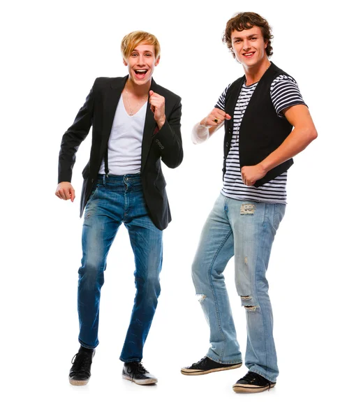 在白色背景上跳舞的两个现代青年男子 — 图库照片