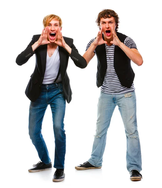 stock image Two cheerful modern young men shouting through megaphone shaped