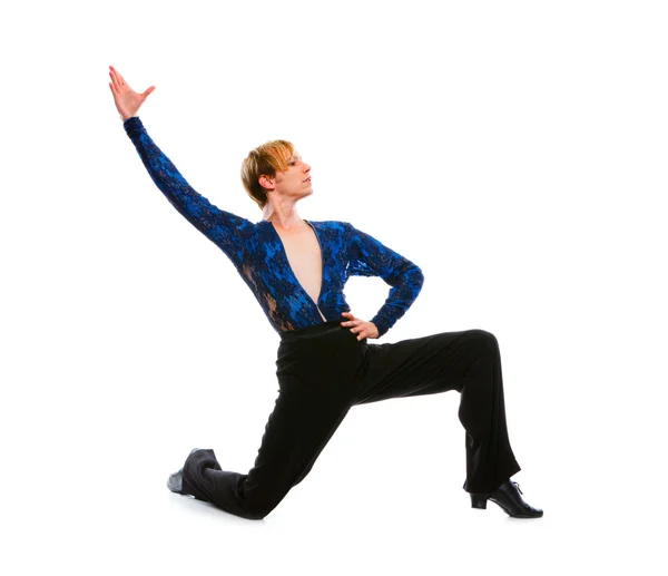 Ballroom male dancer posing on one knee on white background — Stock Photo, Image