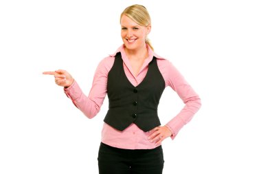 Smiling modern business woman pointing corner clipart