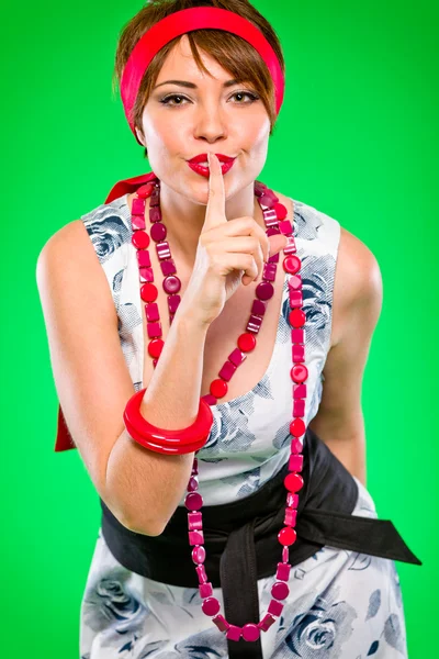 Smyslná dívka s prstem ústí ukazující mlčení gesto. pin-up a VV — Stock fotografie