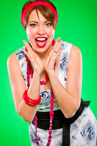Cheerful woman holding hand near face and fun screaming. Pin-up and retro s — Stock Photo, Image