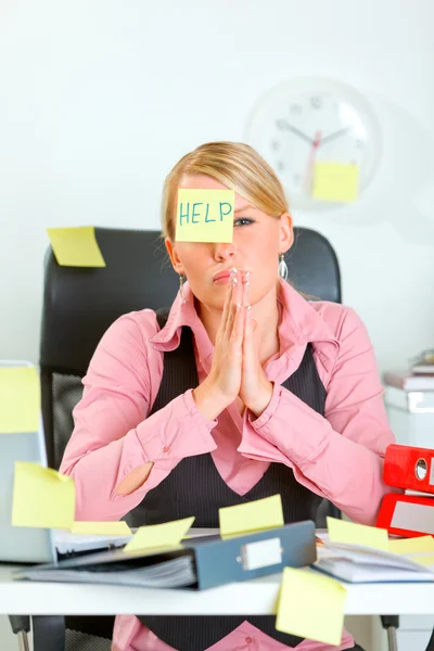Begging for help modern female manager sitting at workplace cove — Stock Photo, Image