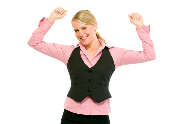 Возбужденная современная деловая женщина наслаждается успехом — стоковое фото