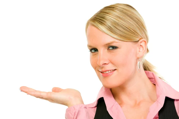 Smiling modern business woman presenting something on empty hand — Stock Photo, Image