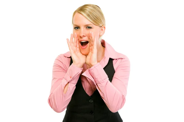 Cheerful modern business woman shouting through megaphone shaped hands — Stock Photo, Image