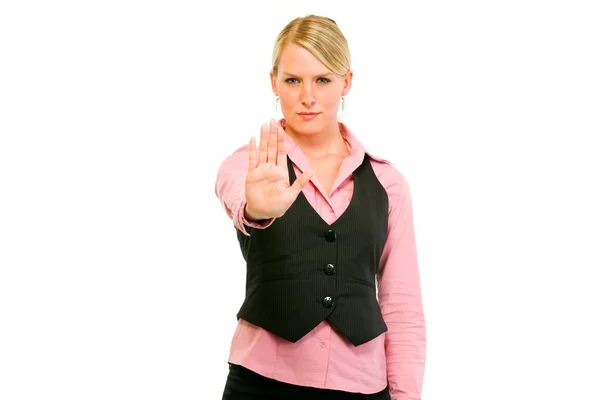 Серйозна бізнес-леді показує стоп жест — стокове фото