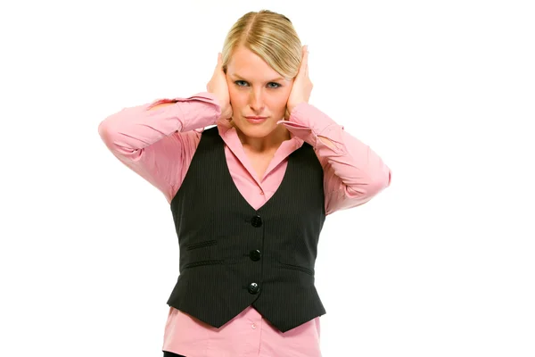 Modern business woman making hear no evil gesture — Stock Photo, Image
