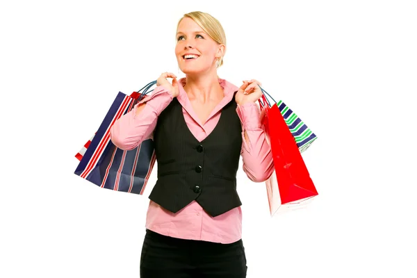 Mujer de negocios feliz con bolsas de compras —  Fotos de Stock