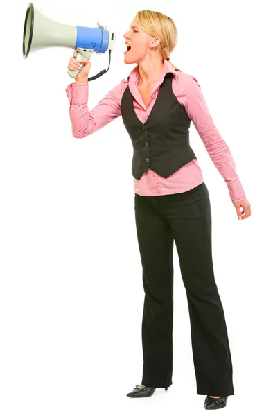 Modern business woman shouting through megaphone — Stock Photo, Image