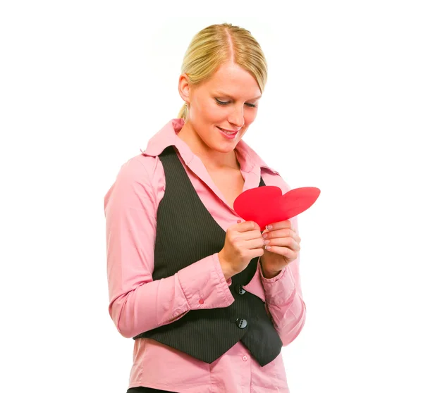 Mutlu kadın iş Sekreter okuma Sevgililer kağıt kalp — Stok fotoğraf