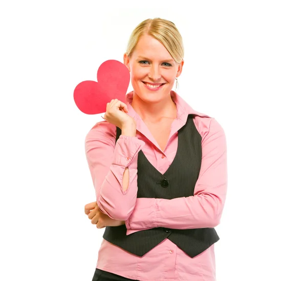Happy female business clerk holding Valentine paper heart — Stock Photo, Image