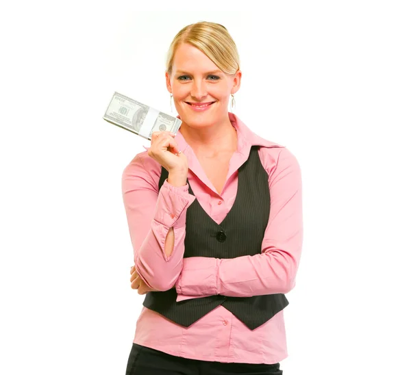 Sonriente mujer moderna secretaria de negocios sosteniendo paquete de dólares — Foto de Stock
