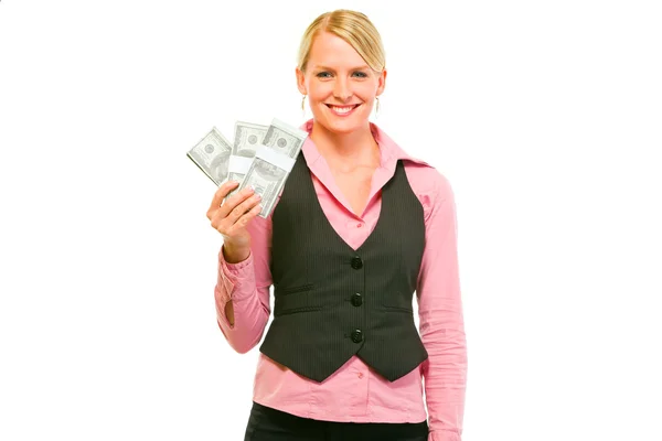 Χαμογελώντας γυναίκα σύγχρονη επιχείρηση με πακέτα δολάρια — Φωτογραφία Αρχείου