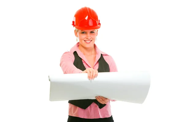 Smiling modern architect woman with open flip chart — Stock Photo, Image