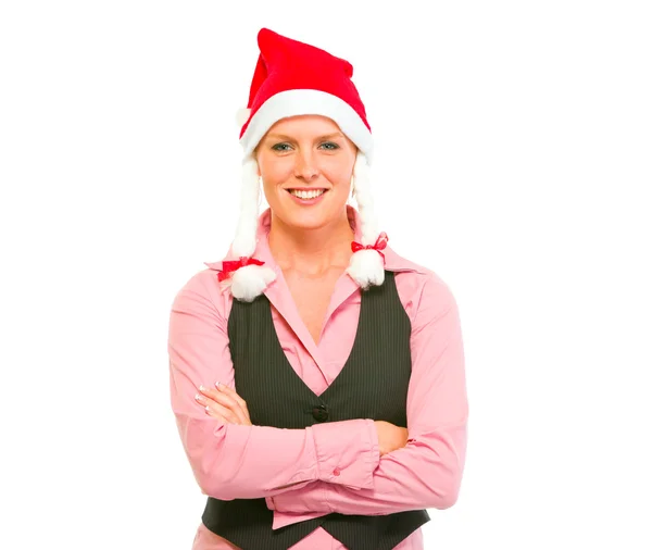 サンタ帽子の近代的なビジネス女性の笑みを浮かべての肖像画 — ストック写真