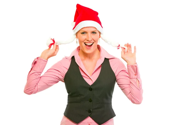 Χαρούμενα σύγχρονη επιχείρηση γυναίκα με καπέλο santa — Φωτογραφία Αρχείου