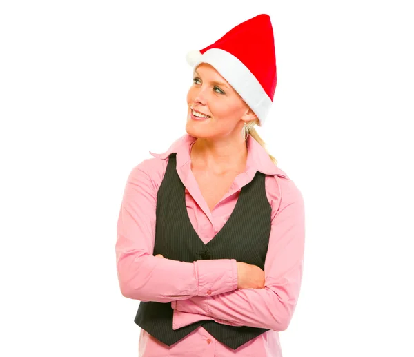 Moderní žena v santa hat pohledu jsem se usmívám — Stock fotografie