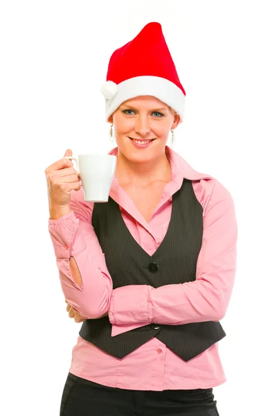 Feliz mujer de negocios moderna en Santa Sombrero con taza de café —  Fotos de Stock