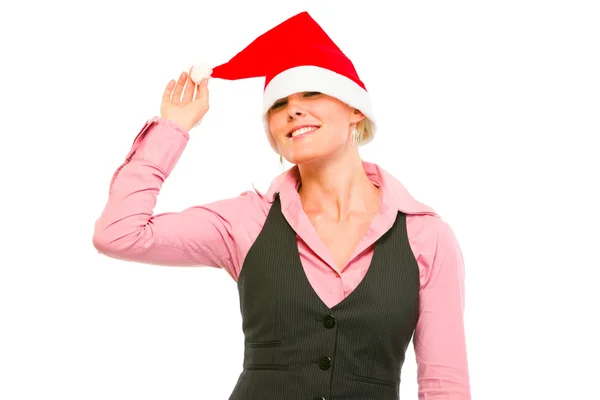 Glada office kvinna med santa hatt över hennes ögon — Stockfoto