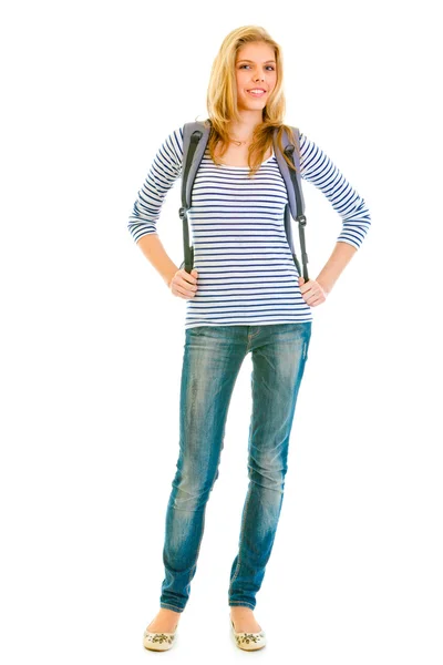 Volledige lengte portret van lachende tiener meisje met Schooltasje op rug — Stockfoto