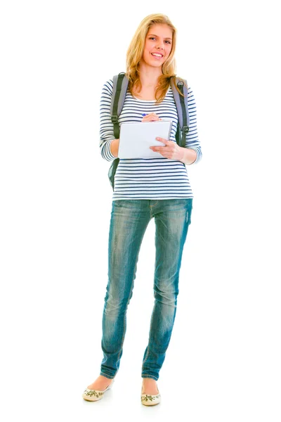 Pełnej długości portret uśmiechający się teengirl z pisania tornister — Zdjęcie stockowe