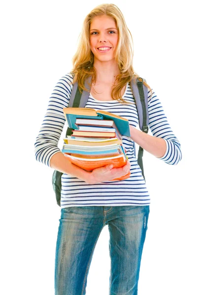 Adolescente feliz com livros e mochila pronta para voltar para a escola — Fotografia de Stock