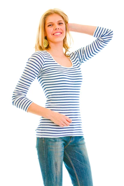 Sorrindo bela menina adolescente posando no fundo branco — Fotografia de Stock