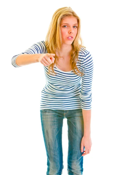 Серйозна дівчина-підліток загрожує пальцем — стокове фото